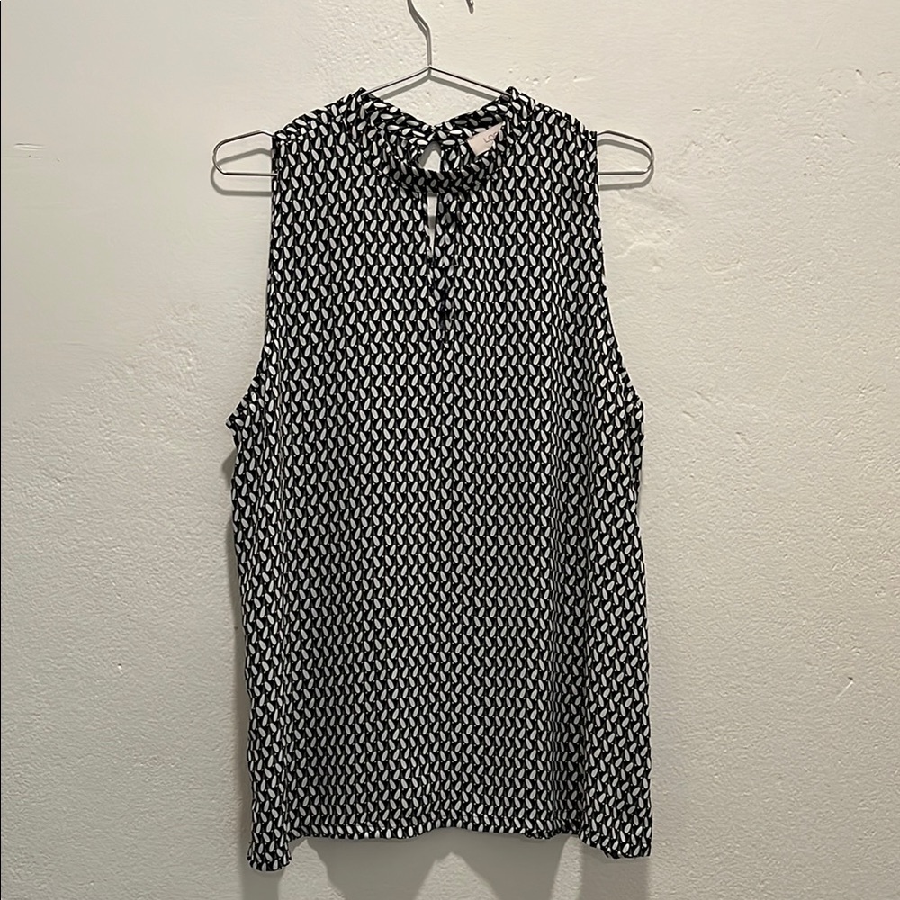 LOFT Green and Navy Sleeveless Blouse with Mandarin Collar